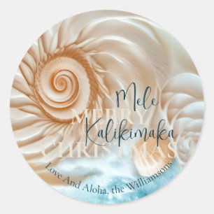 Pegatina Redonda Elegante Concha Mele Kalikimaka Saludos