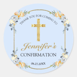 Pegatina Redonda Elegante confirmación floral Blue Peach