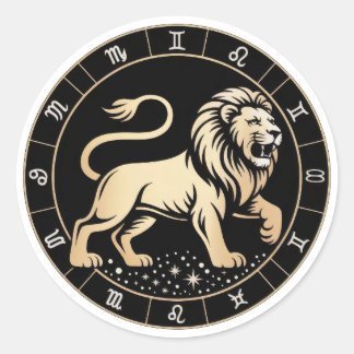 Pegatina Redonda Elegante constelación zodiacal de Leo en oro y neg