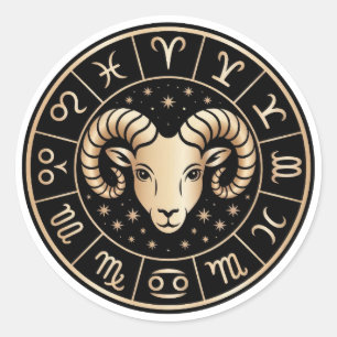 Pegatina Redonda Elegante Constelación Zodiaco Aries Oro Negro