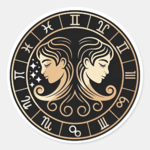 Pegatina Redonda Elegante Constelación Zodiaco Géminis Oro Negro