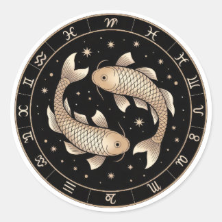Pegatina Redonda Elegante Constelación Zodiaco Piscis Oro Negro