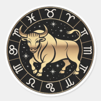 Pegatina Redonda Elegante Constelación Zodiaco Tauro Oro Negro