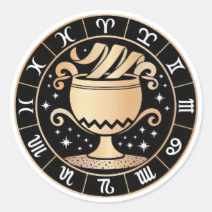 Pegatina Redonda Elegante Constelación Zodiaco Virgo Oro Negro