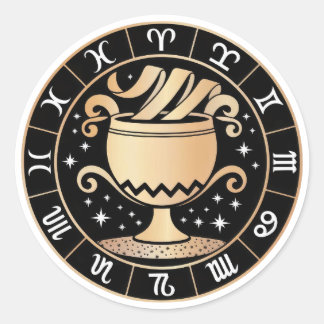 Pegatina Redonda Elegante Constelación Zodiaco Virgo Oro Negro