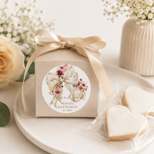 Pegatina Redonda Elegante Coqueta Lazo Floral Baby Shower Agradecim