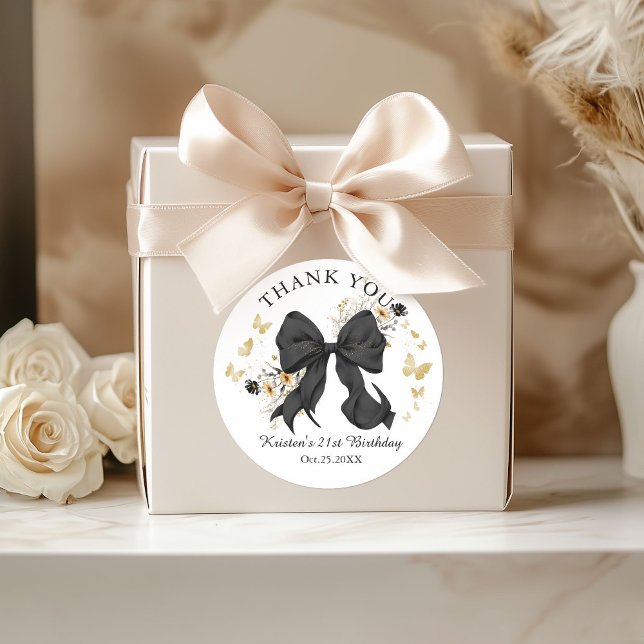 Pegatina Redonda Elegante Coquette Black Bow Wildflowers Gracias (Elegant Black Coquette Bow Thank you stickers)