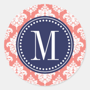 Pegatina Redonda Elegante Coral Damask Personalizado