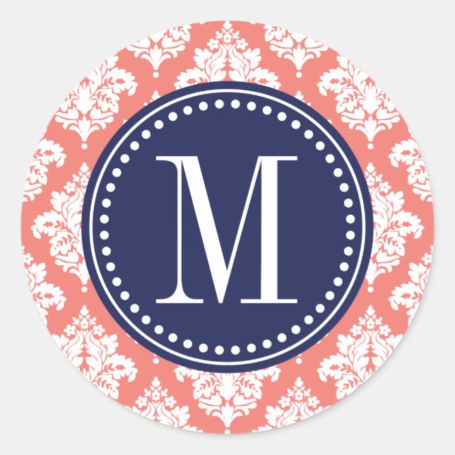 Pegatina Redonda Elegante Coral Damask Personalizado (Anverso)