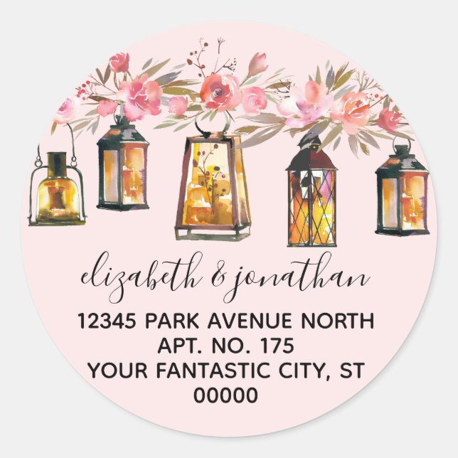 Pegatina Redonda Elegante Coral Rosa Linternas de Oro Dirección de  (Anverso)