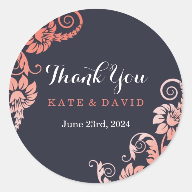 Pegatina Redonda Elegante Coral y Azul Gracias Pegatinas (Anverso)