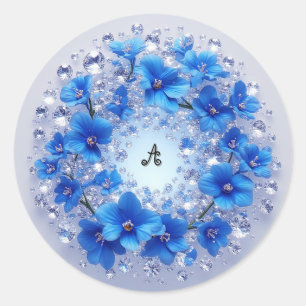 Pegatina Redonda Elegante corona adornada con flores azules