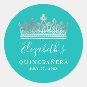 Pegatina Redonda Elegante Corona de Quinceañera Azul Turquesa y Pla