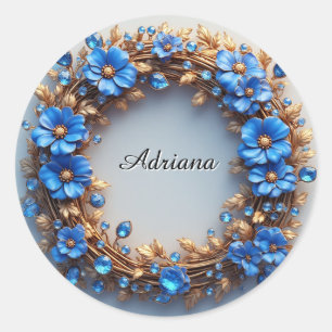 Pegatina Redonda Elegante Corona Floral de Elementos Azules y Dorad