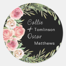 Pegatina Redonda Elegante corona floral sobre Boda negro