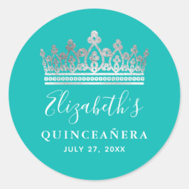 Pegatina Redonda Elegante Corona Quinceañera Azul Turquesa y Plata 