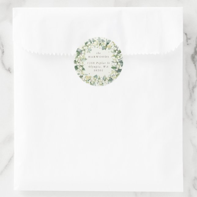 Pegatina Redonda Elegante Cream Snowberry+Eucalyptus Wreath Direcci (Bolso)
