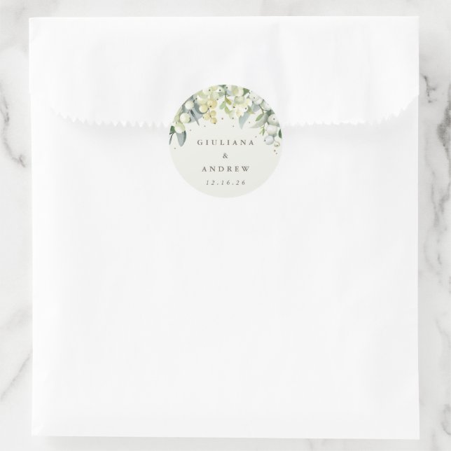 Pegatina Redonda Elegante Crema Snowberry+Eucalyptus Boda (Bolso)