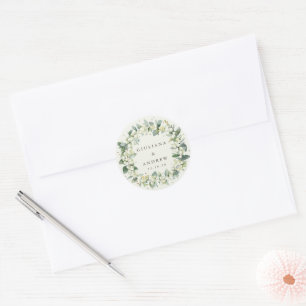 Pegatina Redonda Elegante Crema Snowberry + Eucalyptus Wreath Boda