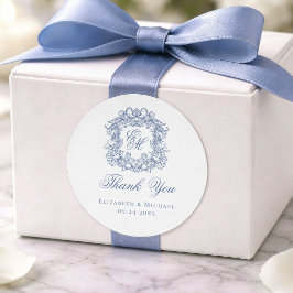 Pegatina Redonda Elegante Cresta de Boda Monograma Azul Agradecimie