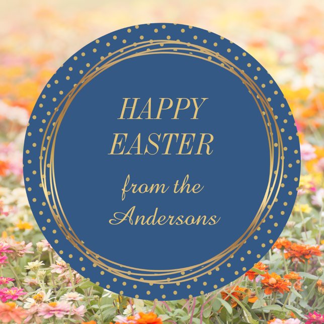 Pegatina Redonda Elegante cristiano de Polka Oro puntos Feliz Pascu (Christian Catholic Elegant Blue Gold Polka Dots Happy Easter Classic Round Sticker)