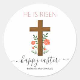 Pegatina Redonda Elegante Cruz cristiana de la caligrafía floral de