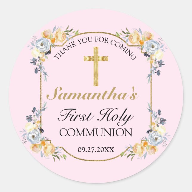 Pegatina Redonda Elegante Cruz de Oro Rosa Floral 1ª Santa Comunión (Anverso)