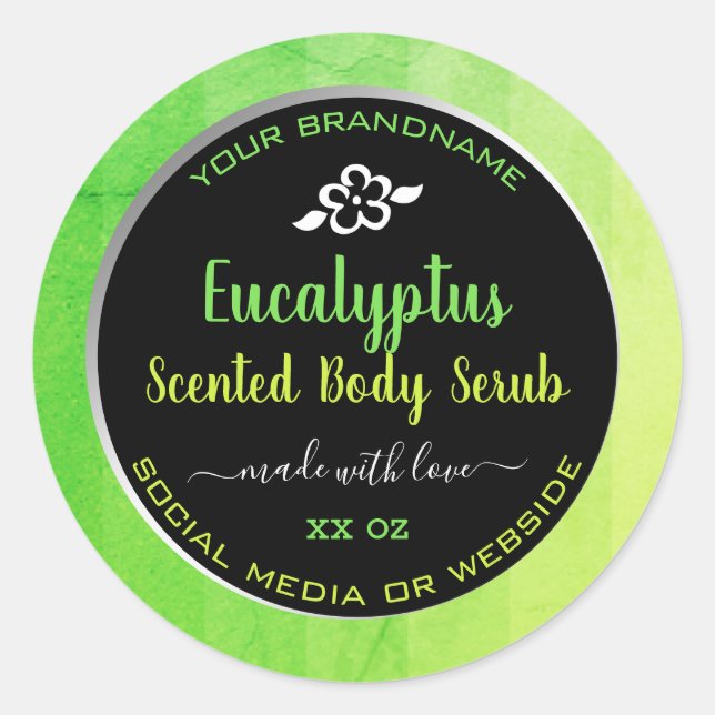Pegatina Redonda Elegante Cuerpo Serub Empaquetado Verde Negro (Anverso)