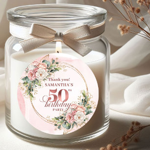 Pegatina Redonda Elegante Cumpleaños 50 Blush Floral Rosa Dorado