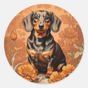 Pegatina Redonda Elegante Dachshund Y Marigoles