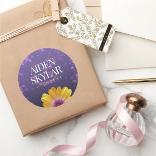 Pegatina Redonda Elegante Daisy Dorado con Boda Purpurina Púrpura