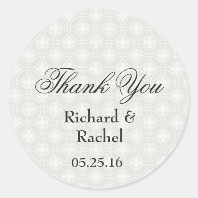 Pegatina Redonda Elegante Damask Silver y White Gracias (Anverso)