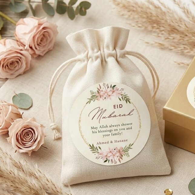Pegatina redonda elegante de Eid Mubarak con flore (Subido por el creador)