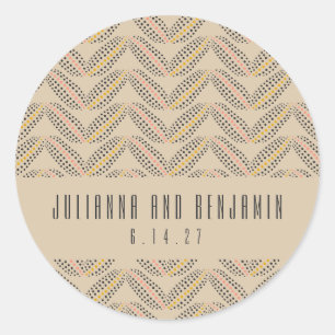 Pegatina Redonda Elegante Deco Vintage Beige Marrón Geométrico Boda