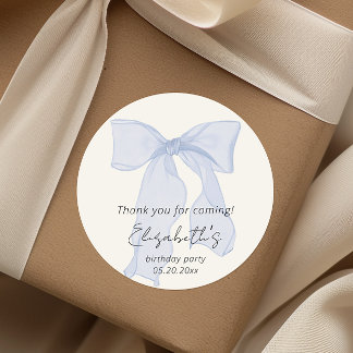 Pegatina Redonda Elegante Día de Cumpleaños de Blue Bow Gracias