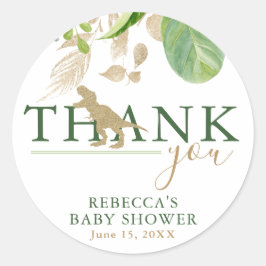 Pegatina Redonda Elegante Dinosaur Green y Gold Baby Shower