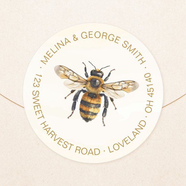 Pegatina Redonda Elegante dirección de devolución con acuarela de a (Elegant watercolor honey bee round return address sticker. Honey bee address label.)