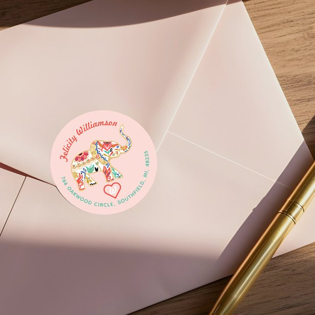 Pegatina Redonda Elegante dirección de elefante ornato decorativo f (Elegant Floral Decorative Ornate Elephant Address Classic Round Sticker)