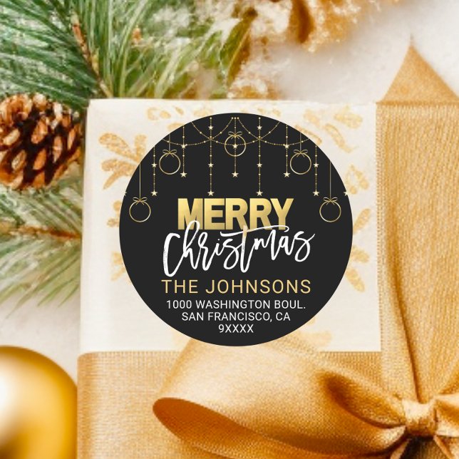 Pegatina Redonda Elegante dirección de Navidades de Black Gold Twin (Elegant Black Gold Twinkle Stars Christmas Address Classic Round Sticker)