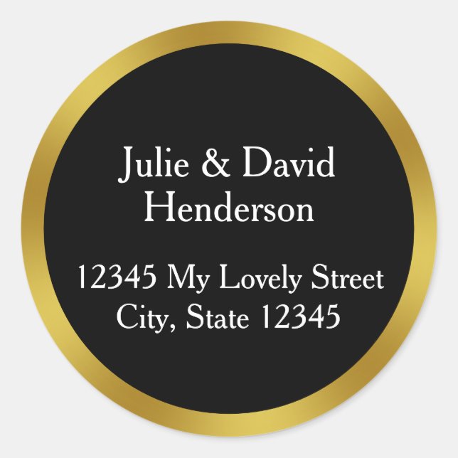 Pegatina Redonda Elegante dirección de retorno de blanco y oro negr (Anverso)