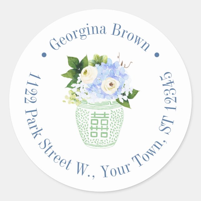 Pegatina Redonda Elegante dirección de retorno de Chinoiserie blanc (Anverso)