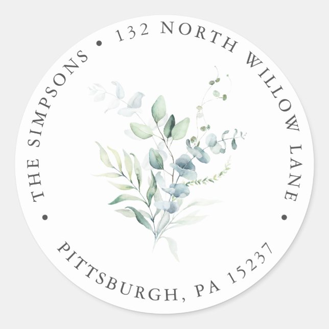 Pegatina Redonda Elegante dirección de retorno de eucalipto moderno (Anverso)