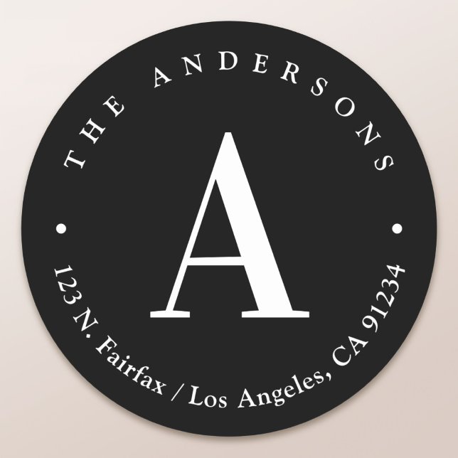 Pegatina Redonda Elegante dirección de retorno de monograma en blan (Subido por el creador)