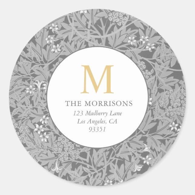 Pegatina Redonda Elegante dirección de retorno de monograma Gris Fl (Anverso)