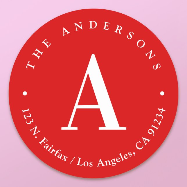 Pegatina Redonda Elegante dirección de retorno de monograma rojo y  (Subido por el creador)