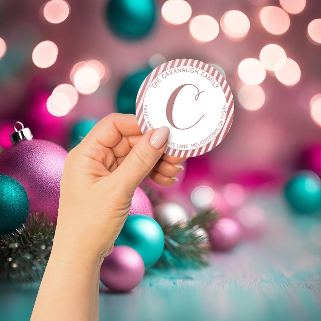 Pegatina Redonda Elegante dirección monograma de banda de Relieve m (Elegant Rose Gold Foil Stripe Monogram Address Classic Round Sticker)