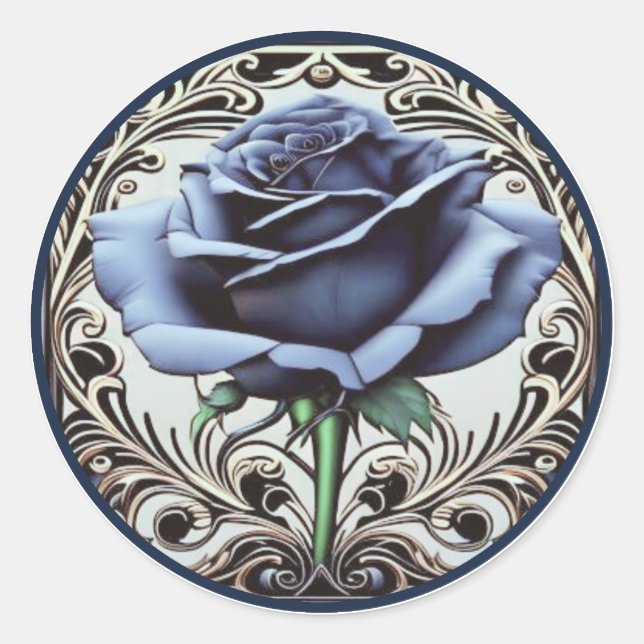 Pegatina Redonda Elegante diseño Art Nouveau de Rosa azul (Anverso)