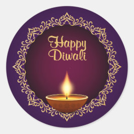 Pegatina Redonda Elegante Diwali Diyas Púrpura