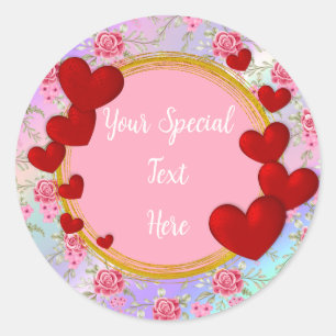 Pegatina Redonda Elegante dorado, marco de corazón rojo: para cada 