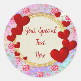 Pegatina Redonda Elegante dorado, marco de corazón rojo: para cada 